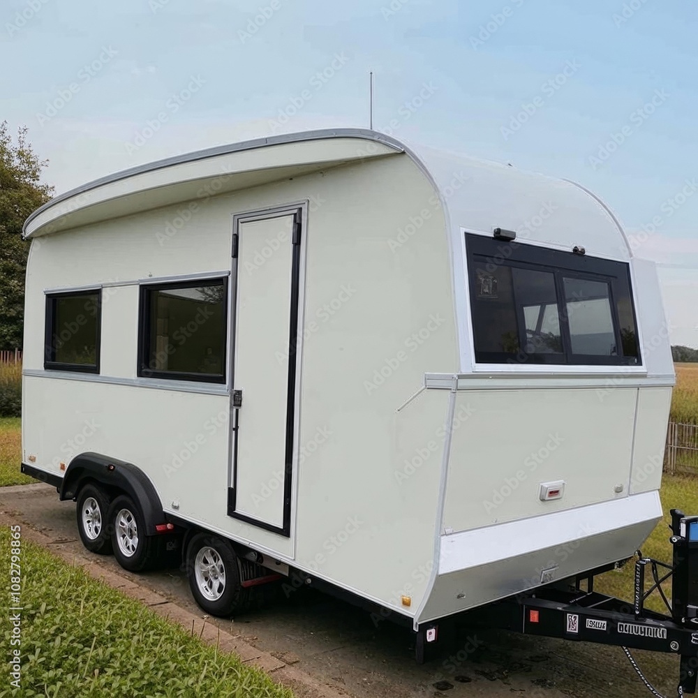 Naklejka premium A compact mobile trailer-home caravan with dual axles and a small window, designed for easy transportation. AI generated.