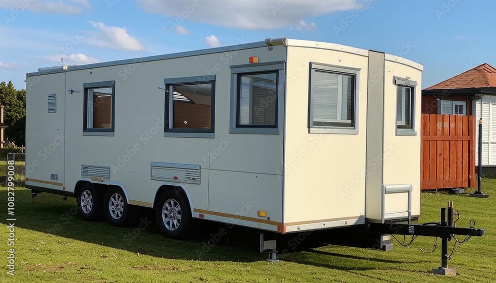 A compact mobile trailer-home caravan with dual axles and a small window, designed for easy transportation. AI generated. A compact mobile trailer-home caravan with dual axles and a small window, designed for easy transportation. AI generated.