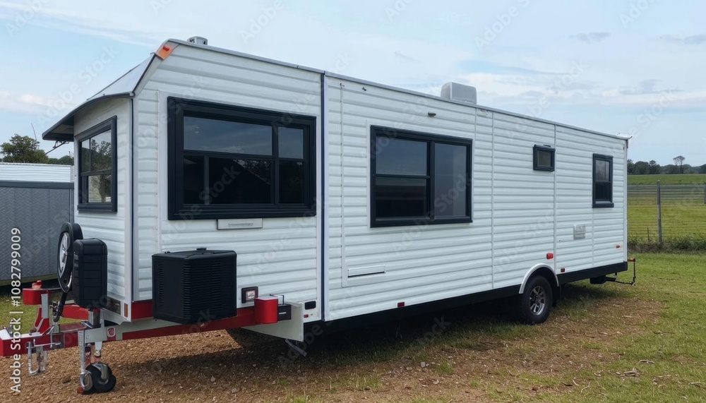 A compact mobile trailer-home caravan with dual axles and a small window, designed for easy transportation. AI generated. A compact mobile trailer-home caravan with dual axles and a small window, designed for easy transportation. AI generated.