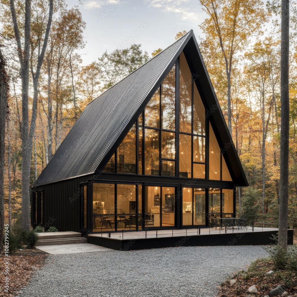 A modern A-frame cabin in the woods with black metal accents, generative ai A modern A-frame cabin in the woods with black metal accents, generative ai
