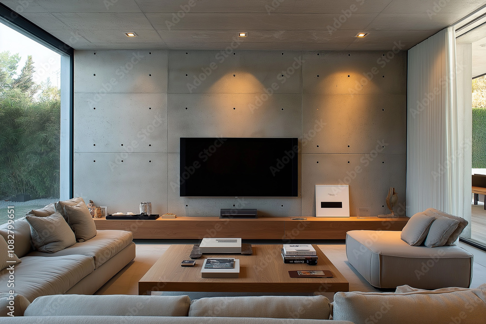 Modern living room with a concrete wall and a large TV mockup, wooden furniture, a neutral color palette, sleek design elements, a comfortable seating arrangement, minimalistic decor Modern living room with a concrete wall and a large TV mockup, wooden furniture, a neutral color palette, sleek design elements, a comfortable seating arrangement, minimalistic decor