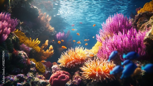 Wallpaper Mural Vibrant Coral Reef with Glowing Anemones and Sea Lions in a Cinematic Underwater Scene, AI generated illustration Torontodigital.ca