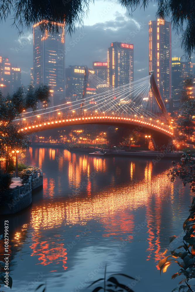 Naklejka premium A view of a lit bridge in the city at dusk, as seen from a nearby park.