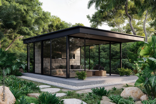 3D rendering of a modernist-style small building with a flat roof and large glass windows, surrounded by greenery on the left side of the house