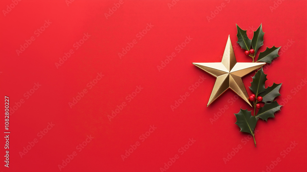 Shining gold Christmas star with holly on red Merry Christmas background Shining gold Christmas star with holly on red Merry Christmas background