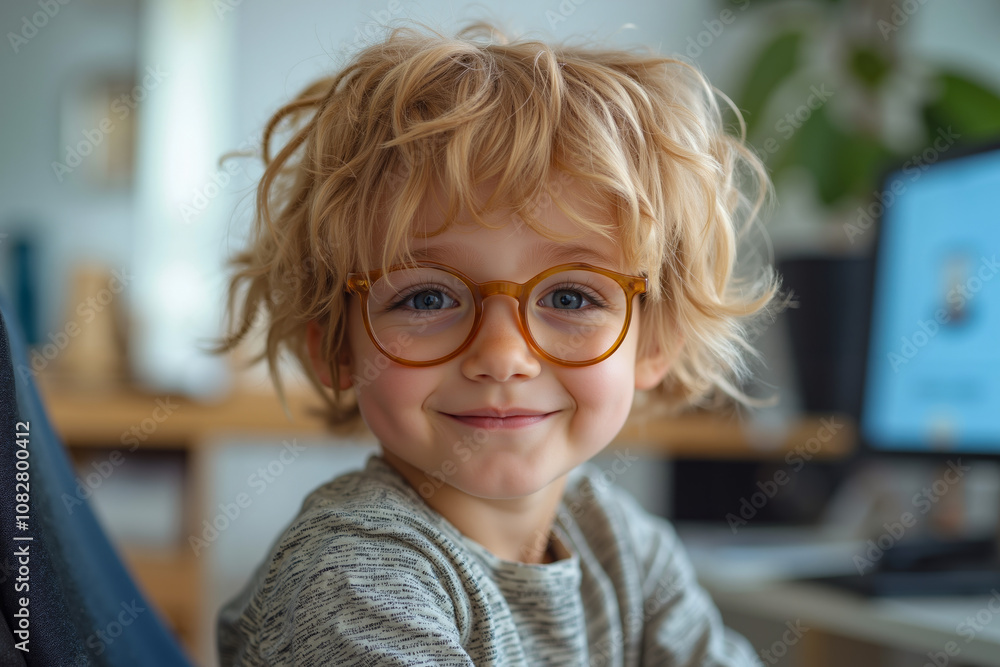 A little boy wearing glasses sitting in front of a computer A little boy wearing glasses sitting in front of a computer