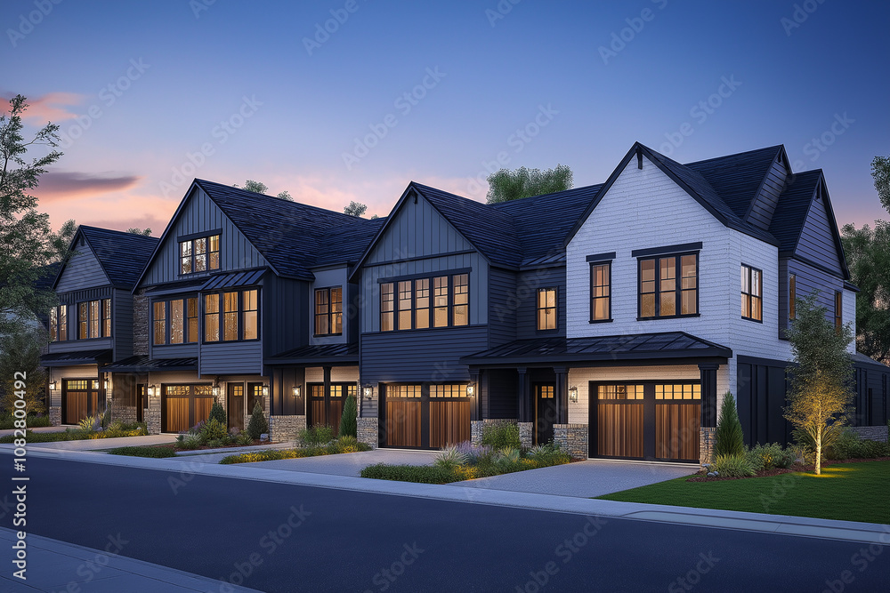 Modern townhouses with dark gray cladding, white accents, and wooden features on the front facades. The style is architectural design in an Australian suburban setting at dusk Modern townhouses with dark gray cladding, white accents, and wooden features on the front facades. The style is architectural design in an Australian suburban setting at dusk