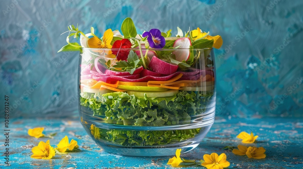 Vibrant salad in a transparent bowl with colorful layers Vibrant salad in a transparent bowl with colorful layers