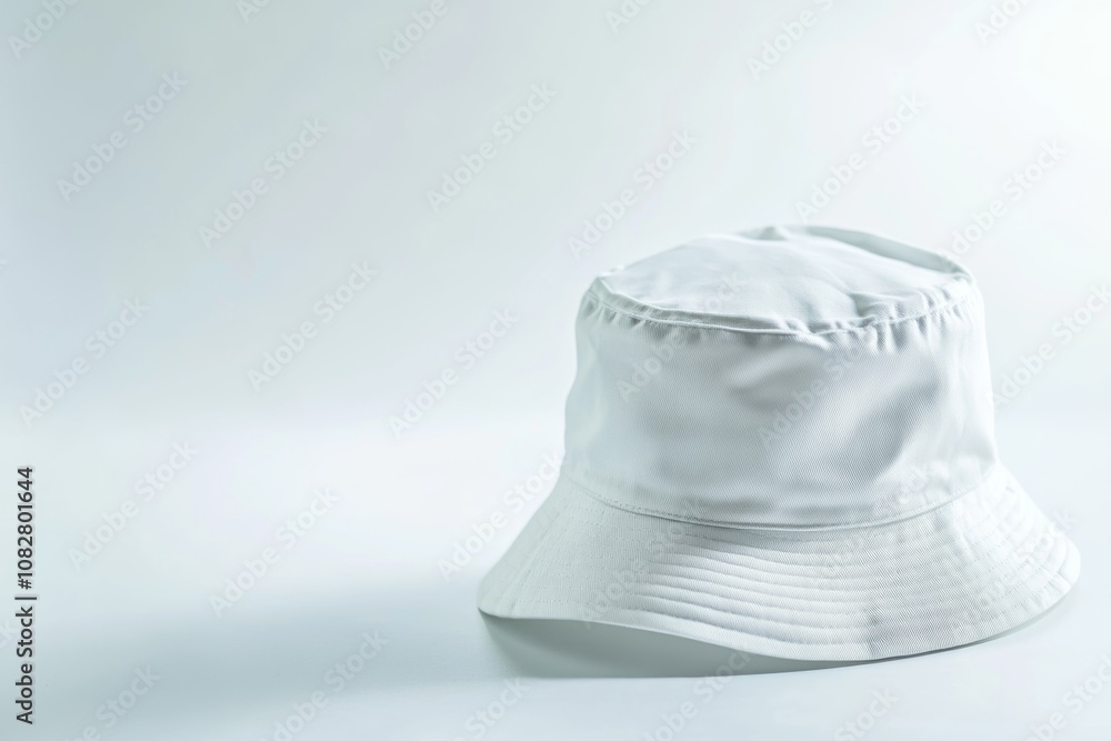 Fototapeta premium Stylish white bucket hat displayed on a clean white background, perfect for summer fashion or outdoor activities in bright light