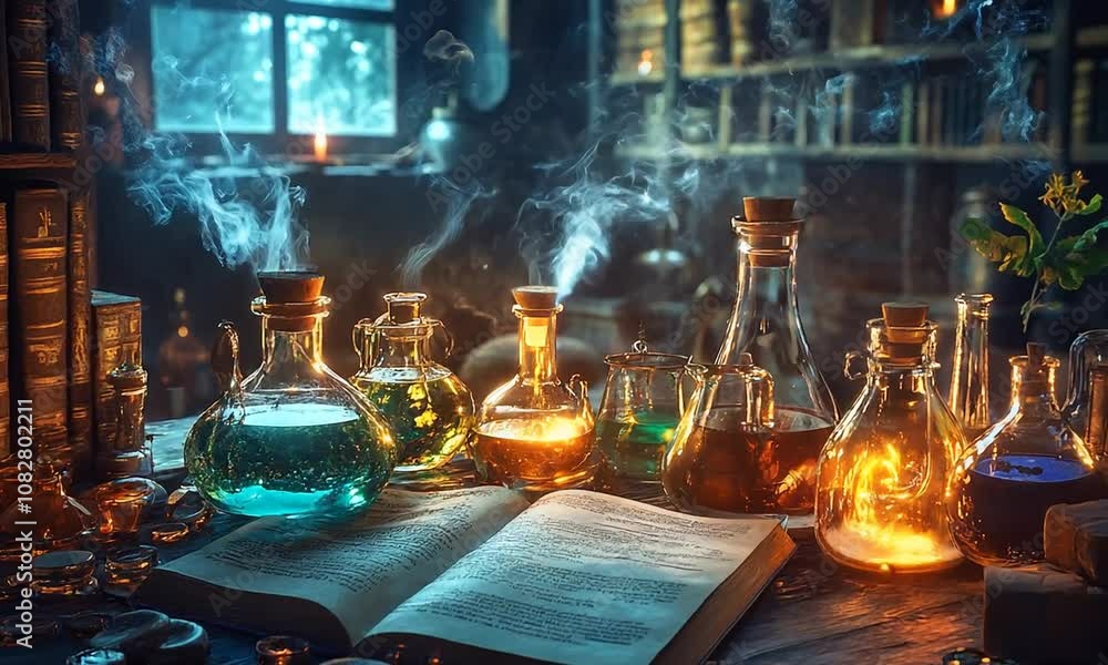 A book is open to a page with a drawing of a table with several vials of colored liquids and a candle. Scene is mysterious and magical A book is open to a page with a drawing of a table with several vials of colored liquids and a candle. Scene is mysterious and magical