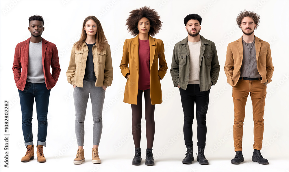 Obraz premium Full-body photo of five stylish, multiethnic people standing in a line, isolated on a white background. This panoramic image has ample copy space, and is an example of realistic photography.