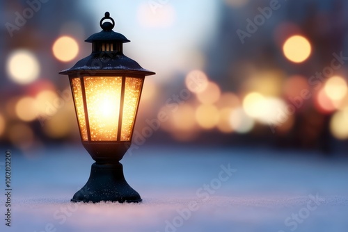 A glowing lantern sits on a snowy surface with a cityscape blurred in the background.