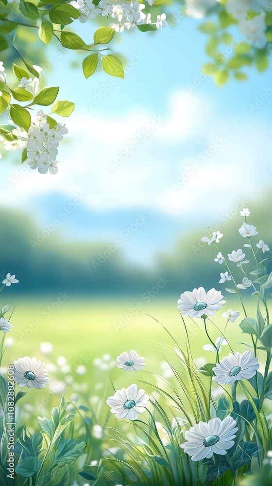 Obraz premium Serene Spring Meadow With Delicate White Flowers Under A Soft Blue Sky Emphasizing Natural Beauty And Tranquility In A Lush Green Landscape