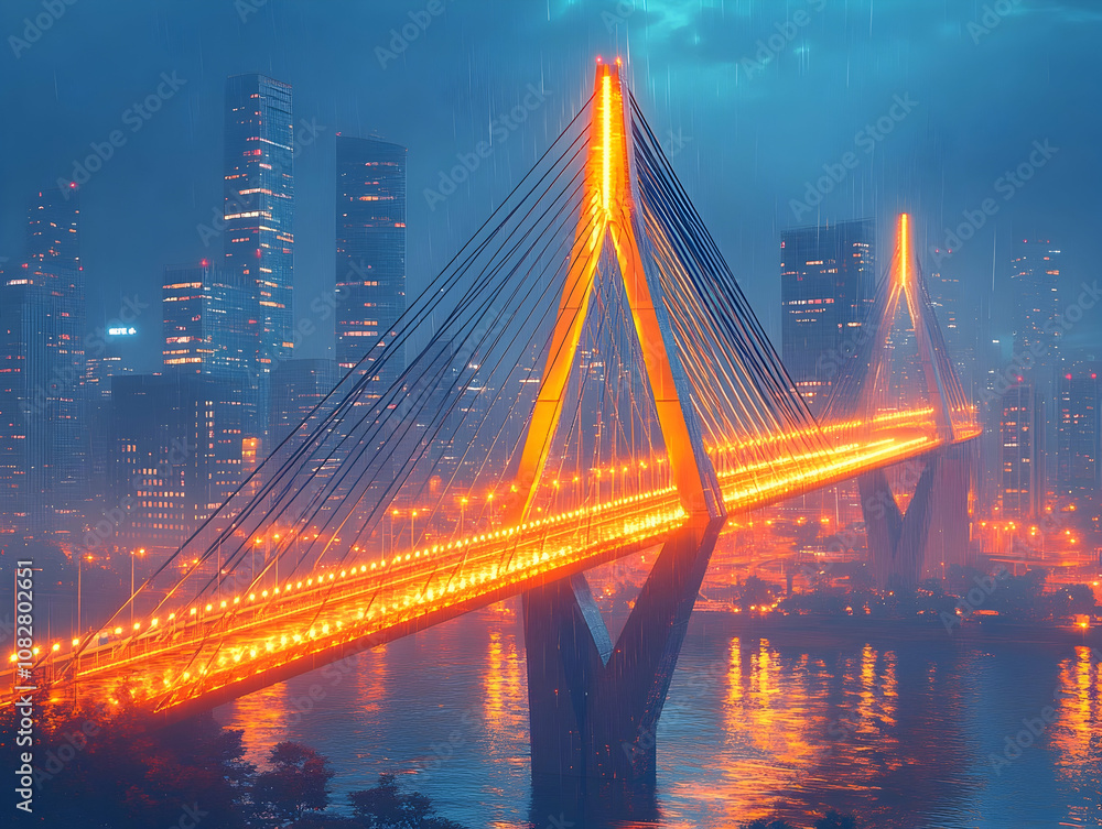 Fototapeta premium Illuminated suspension bridge over a river in a modern city at night with rain.