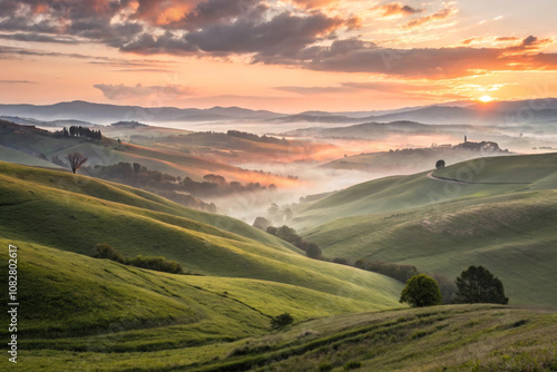 Golden Sunrise Over Rolling Hills