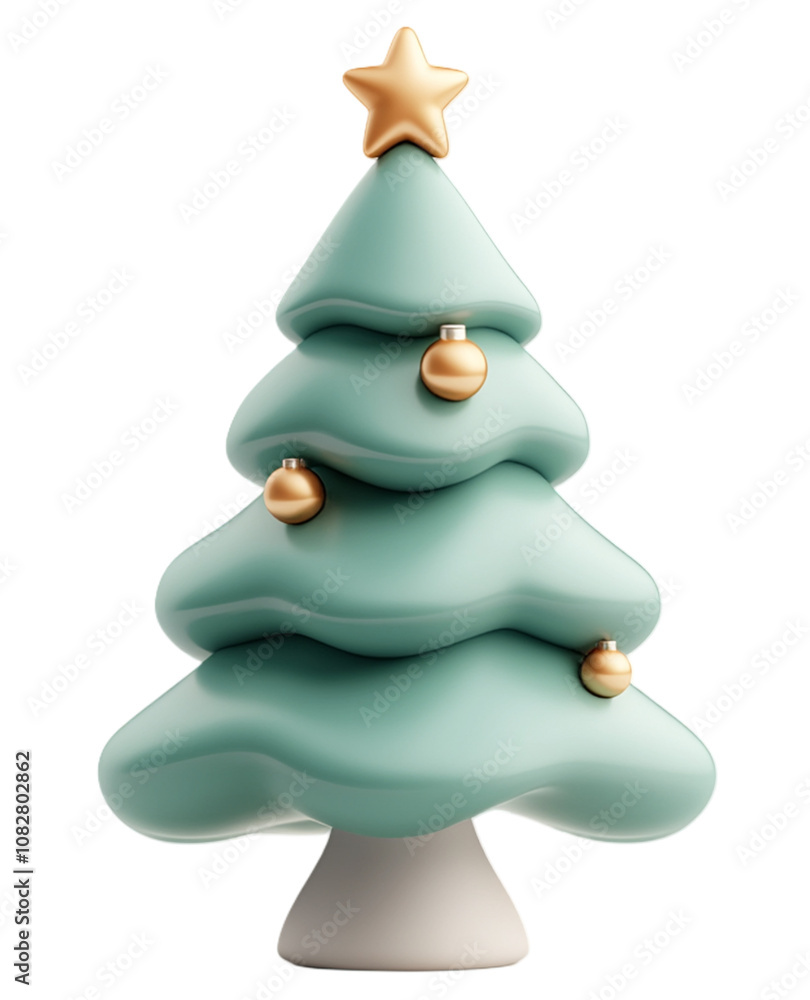 A 3D cartoon-style Christmas tree adorned with vibrant ornaments, a golden star on top, and a snowy for a festive.