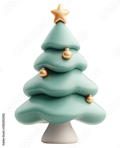 
A 3D cartoon-style Christmas tree adorned with vibrant ornaments, a golden star on top, and a snowy for a festive.
