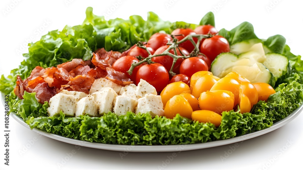 Food, Cobb Salad, on White Background, Photo Realistic, Wallpaper, Cover and Screen for Smartphone, PC, Laptop, 9:16 and 16:9 Format Food, Cobb Salad, on White Background, Photo Realistic, Wallpaper, Cover and Screen for Smartphone, PC, Laptop, 9:16 and 16:9 Format