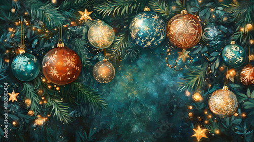 A festive arrangement of ornamented baubles nestled among evergreen branches, embellished with glittering stars and illuminated by a garland of warm lights. Ornamented. Illustration