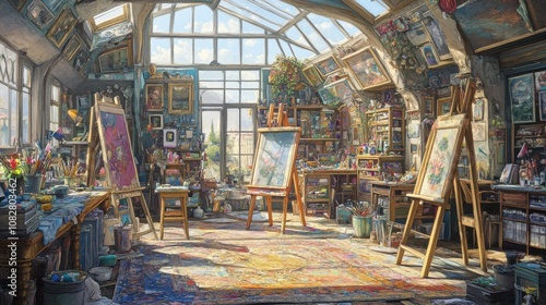 Expressive Art Studio with Natural Light and Cluttered Decor