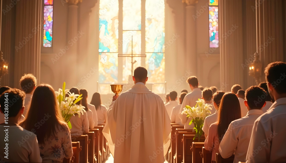 Easter church service in cathedral with lilies and white drapes, priest holding chalice Eucharist Easter church service in cathedral with lilies and white drapes, priest holding chalice Eucharist