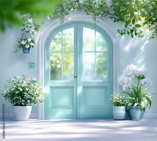 Serene Entrance with Green Door Surrounded by Lush Plants and Bright Flowers in a Tranquil Outdoor Setting