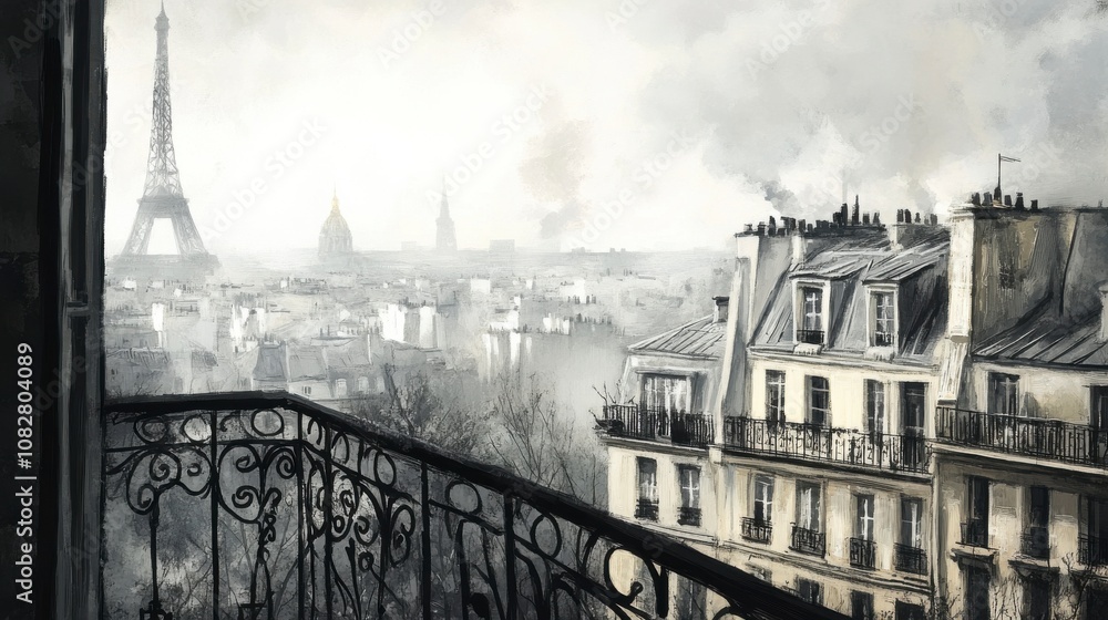 Obraz premium Hazy Morning View from a Balcony Overlooking City Rooftops