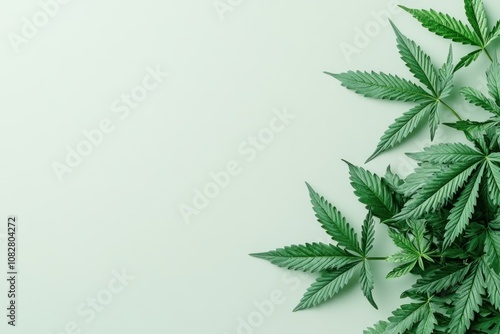 A close-up of green cannabis leaves on a light background.