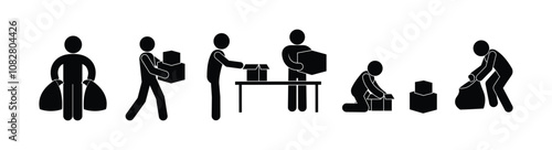 sending parcels and wrapping gifts, people carrying boxes, mail icon, stick figure people, human silhouettes, person sign