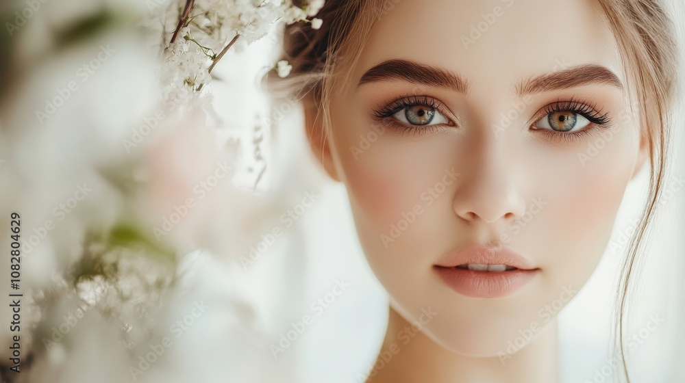 Close-up Portrait of a Woman with Delicate Makeup and Flowers Close-up Portrait of a Woman with Delicate Makeup and Flowers