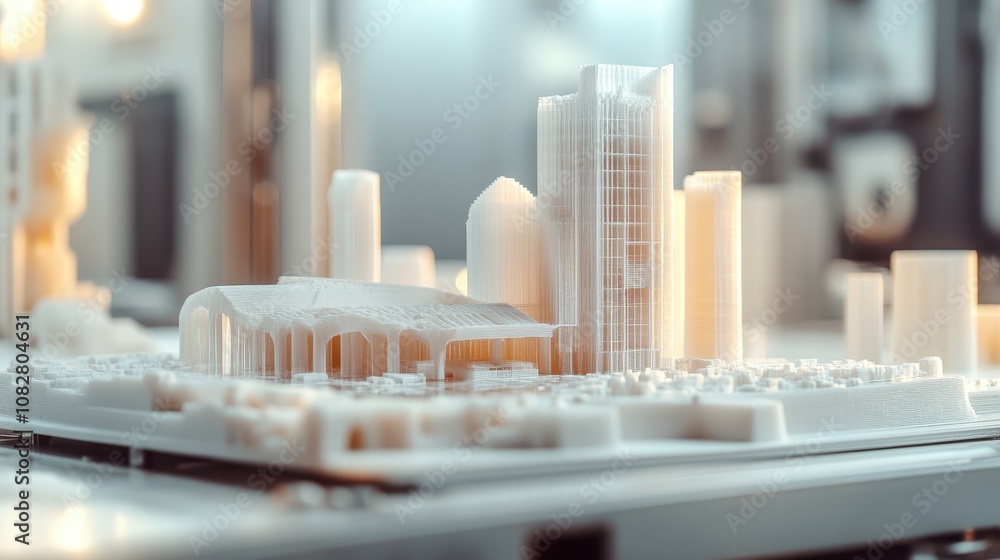 A 3D printer crafting an intricate architectural model layer by layer. A 3D printer crafting an intricate architectural model layer by layer.