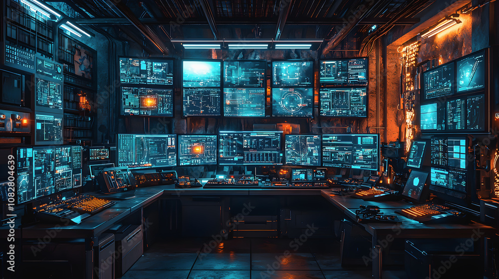 Advanced High-Tech Control Room with Illuminated Panels and Monitors
Advanced High-Tech Control Room with Illuminated Panels and Monitors