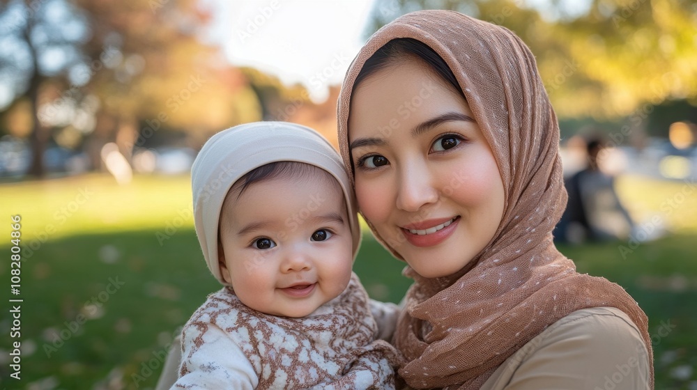 Joyful young Asian mother and her infant daughter smile sweetly together in a park during daylight Joyful young Asian mother and her infant daughter smile sweetly together in a park during daylight