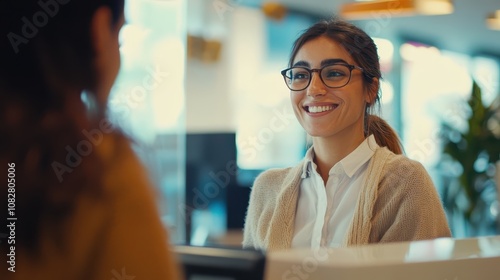 A bank teller assisting a customer with a friendly smile.