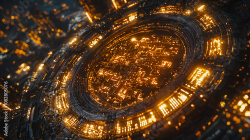 Golden Sci-Fi Ring Structure in a Futuristic Metropolis at Night 