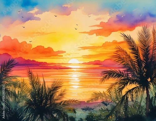 watercolor of a beautiful sunset scene with empty copy space