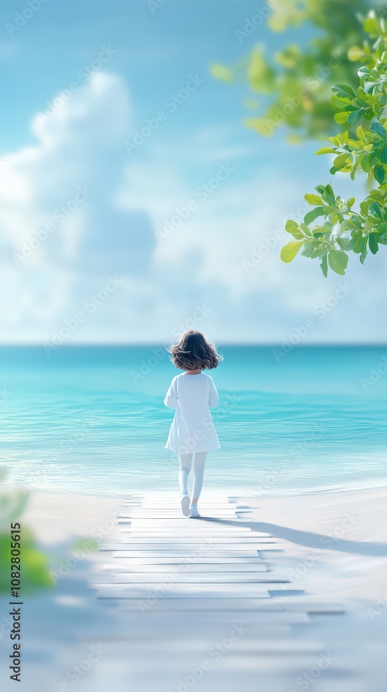 Tranquil scene of a young girl walking towards the serene beach, leaving footprints in the sand, surrounded by crystal clear waters and lush greenery under a bright blue sky Tranquil scene of a young girl walking towards the serene beach, leaving footprints in the sand, surrounded by crystal clear waters and lush greenery under a bright blue sky