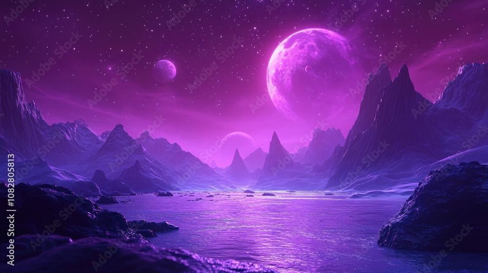 Discover the Mystical Realm of This Space Digital Artwork, Showcasing a Surreal Fantasy Cosmos with Striking Mountains, a Glimmering River, and a Nebula Full of Stars and Planets Discover the Mystical Realm of This Space Digital Artwork, Showcasing a Surreal Fantasy Cosmos with Striking Mountains, a Glimmering River, and a Nebula Full of Stars and Planets