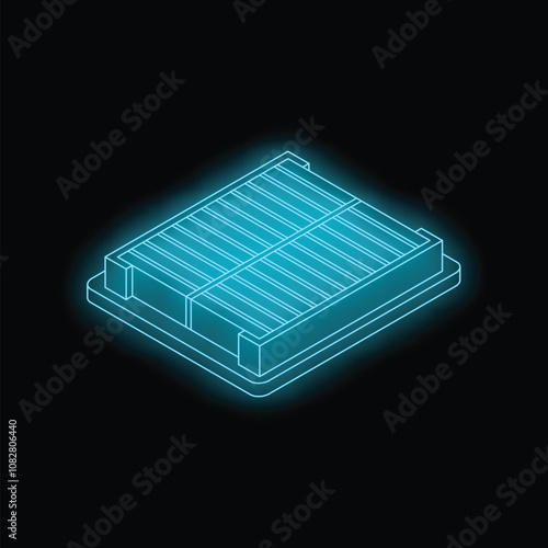 Glowing neon blue air filter for hvac systems, isometric view on black background