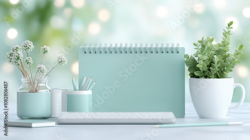 Minimalist Desk Setup with Mint Green Notebook, Craft Supplies, and Potted Plant Against a Soft Bokeh Background for Calming Work Environment