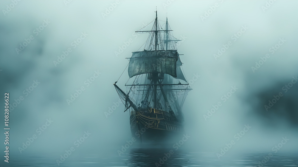 Fototapeta premium Mysterious Ghost Ship Gliding Through Dense Fog at Dusk 