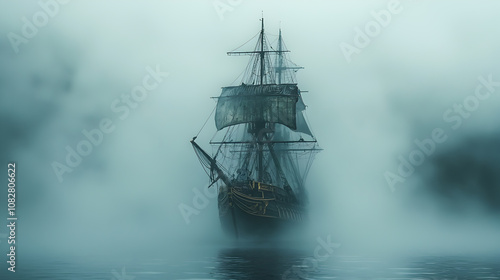 Wallpaper Mural Mysterious Ghost Ship Gliding Through Dense Fog at Dusk
 Torontodigital.ca