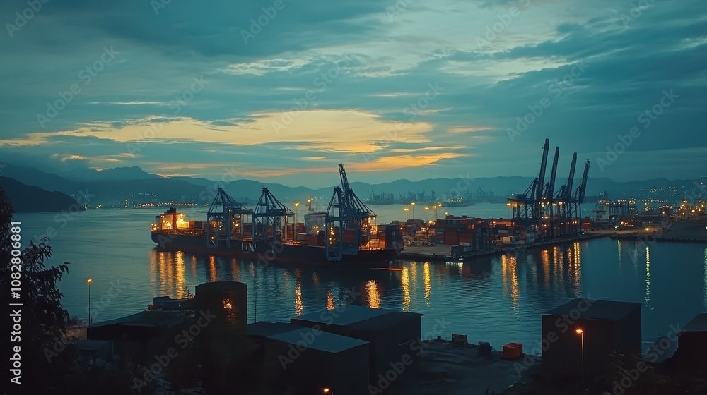 A bustling port with massive container ships being loaded by cranes. A bustling port with massive container ships being loaded by cranes.