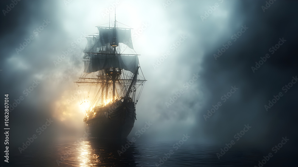 Silhouette of a ghostly ship emerging through dense mist on a mysterious sea.
Silhouette of a ghostly ship emerging through dense mist on a mysterious sea.
