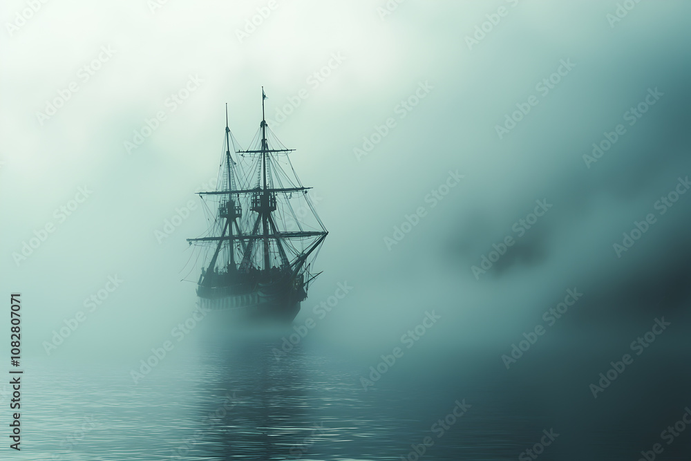 Fototapeta premium Silhouette of a ghostly ship emerging through dense mist on a mysterious sea. 