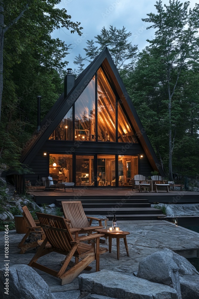 A-Frame House by Lake Canoe at Night with Terrace, AI generated illustration A-Frame House by Lake Canoe at Night with Terrace, AI generated illustration
