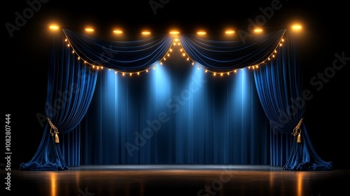 A stage with royal blue velvet curtains held with detailed golden clasps, positioned under warm spotlighting, highlighting the stage s premium quality