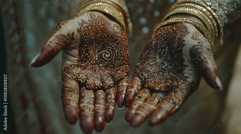 Obraz premium A close-up of intricate Henna designs being applied to hands during a wedding.