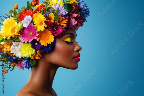 Wallpaper Mural A woman adorned with a vibrant flower headdress showcases her colorful beauty against a bright blue background Torontodigital.ca