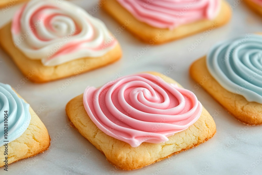 Beautifully decorated swirl cookies with pastel frosting on a marble surface. Generative AI Beautifully decorated swirl cookies with pastel frosting on a marble surface. Generative AI